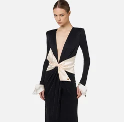 Abiti Red Carpet|Red Carpet|Elisabetta Franchi Abito red carpet in jersey drappeggiato con fusciacca Nero/Burro