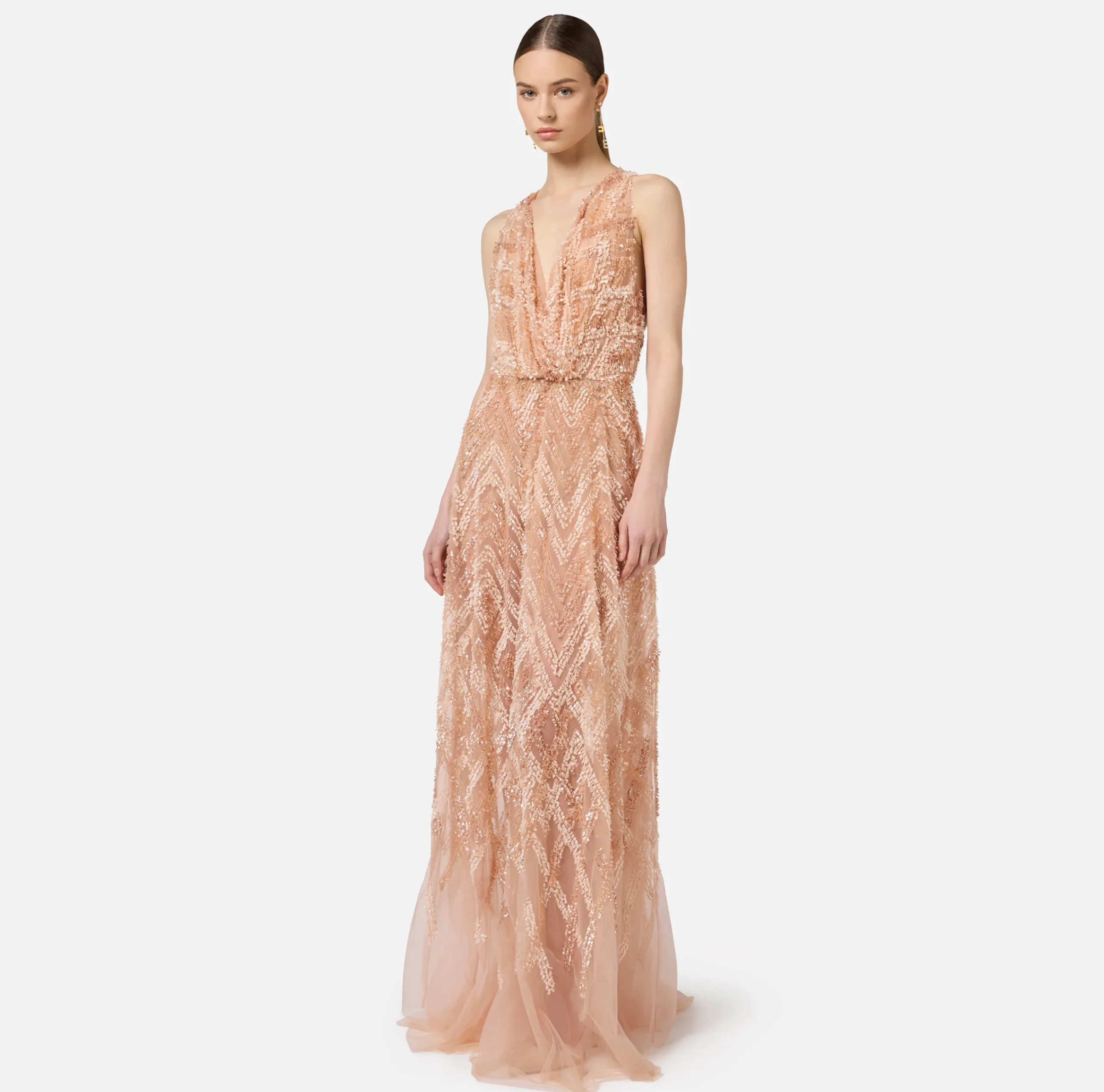 Abiti Red Carpet|Red Carpet|Elisabetta Franchi Abito red carpet in tulle con ricamo paillettes chevron Cipria