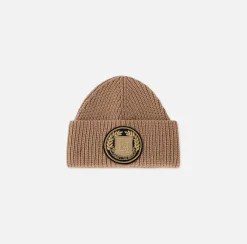 Cappelli E Guanti|Elisabetta Franchi Beanie in lana con patch logo Camel