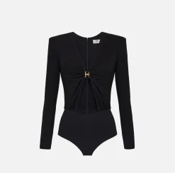 Top, T-Shirt & Body|Elisabetta Franchi Body in jersey con anella gioiello Nero