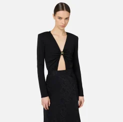 Top, T-Shirt & Body|Elisabetta Franchi Body in jersey con anella gioiello Nero
