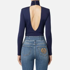 Top, T-Shirt & Body|Elisabetta Franchi Body in jersey con drappeggio e placca logo Navy