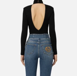 Top, T-Shirt & Body|Elisabetta Franchi Body in jersey con drappeggio e placca logo Nero