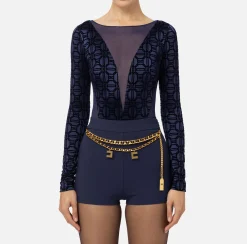 Top, T-Shirt & Body|Elisabetta Franchi Body in lycra flock e tulle Navy