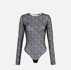 Top, T-Shirt & Body|Elisabetta Franchi Body in tulle flock disegno diagonale Nero
