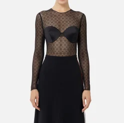 Top, T-Shirt & Body|Elisabetta Franchi Body in tulle jacquard con coppe Nero