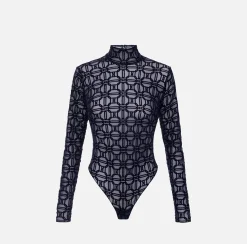 Top, T-Shirt & Body|Elisabetta Franchi Body in tulle stampato flock Navy