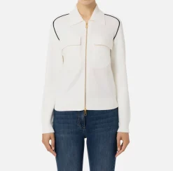 Maglieria E Felpe|Elisabetta Franchi Bomber in viscosa con patch logo Avorio/Nero