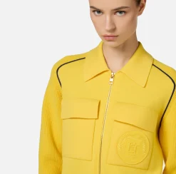 Maglieria E Felpe|Elisabetta Franchi Bomber in viscosa con patch logo Mimosa/Navy