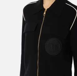 Maglieria E Felpe|Elisabetta Franchi Bomber in viscosa con patch logo Nero/Burro