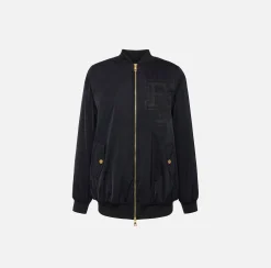Capispalla|Elisabetta Franchi Bomber over in nylon satin con logo Nero