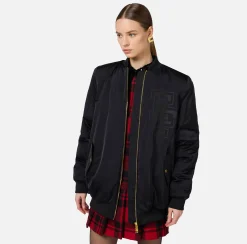 Capispalla|Elisabetta Franchi Bomber over in nylon satin con logo Nero