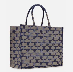 Borse A Mano|Elisabetta Franchi Borsa Monogram Grande Cammello/Blu