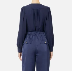 Camicie E Bluse|Top, T-Shirt & Body|Elisabetta Franchi Camicia body in georgette con ricamo su spalle Navy