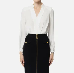 Camicie E Bluse|Top, T-Shirt & Body|Elisabetta Franchi Camicia body in georgette con scollo incrociato Avorio