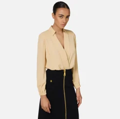 Camicie E Bluse|Top, T-Shirt & Body|Elisabetta Franchi Camicia body in georgette con scollo incrociato Crema