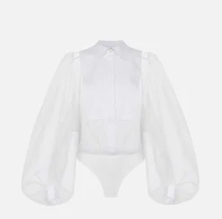 Camicie E Bluse|Top, T-Shirt & Body|Elisabetta Franchi Camicia body in organza con plastron Avorio