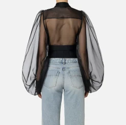 Camicie E Bluse|Top, T-Shirt & Body|Elisabetta Franchi Camicia body in organza con plastron Nero