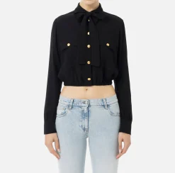 Camicie E Bluse|Elisabetta Franchi Camicia cropped in georgette con foulard Nero