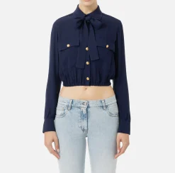 Camicie E Bluse|Elisabetta Franchi Camicia cropped in georgette con foulard Navy