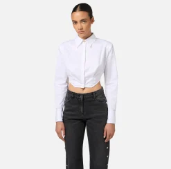 Camicie E Bluse|Elisabetta Franchi Camicia cropped in popeline a righe con fondo asimmetrico Bianco