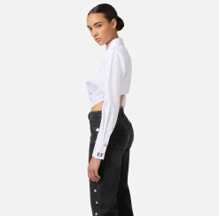 Camicie E Bluse|Elisabetta Franchi Camicia cropped in popeline a righe con fondo asimmetrico Bianco