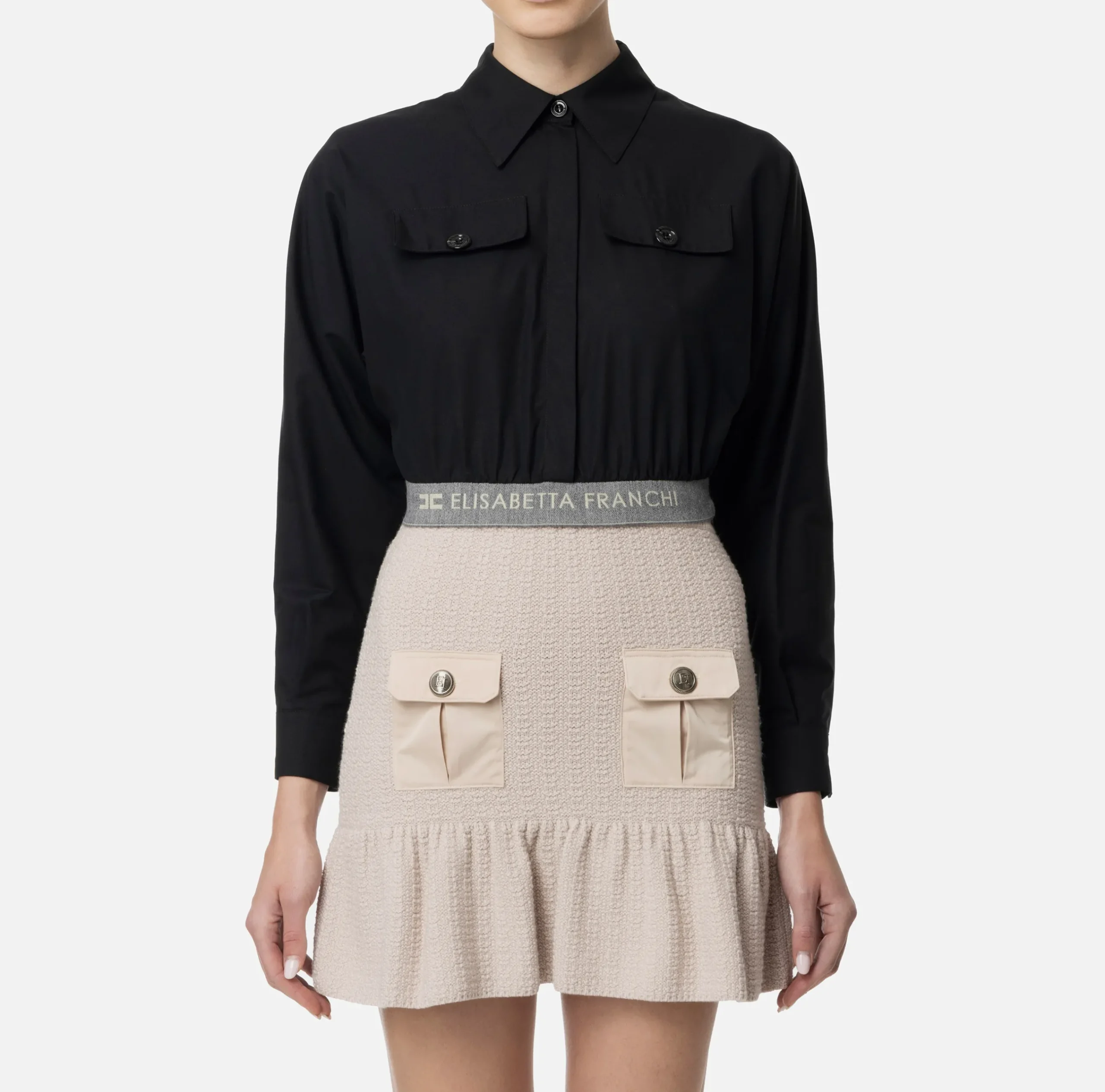 Camicie E Bluse|Elisabetta Franchi Camicia cropped in popeline con fascione Nero