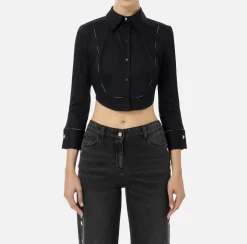 Camicie E Bluse|Elisabetta Franchi Camicia cropped in popeline con plastron ed elastico logato Nero
