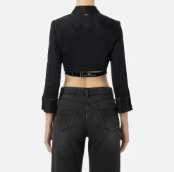 Camicie E Bluse|Elisabetta Franchi Camicia cropped in popeline con plastron ed elastico logato Nero