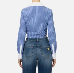 Camicie E Bluse|Elisabetta Franchi Camicia cropped in popeline rigato con drappeggio Navy/Bianco