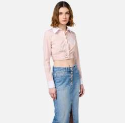 Camicie E Bluse|Elisabetta Franchi Camicia cropped in popeline rigato con drappeggio PowderPink/Bianco