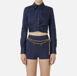Camicie E Bluse|Elisabetta Franchi Camicia cropped in popeline stretch con drappeggio Navy