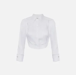 Camicie E Bluse|Elisabetta Franchi Camicia cropped in popeline con plastron ed elastico logato Bianco