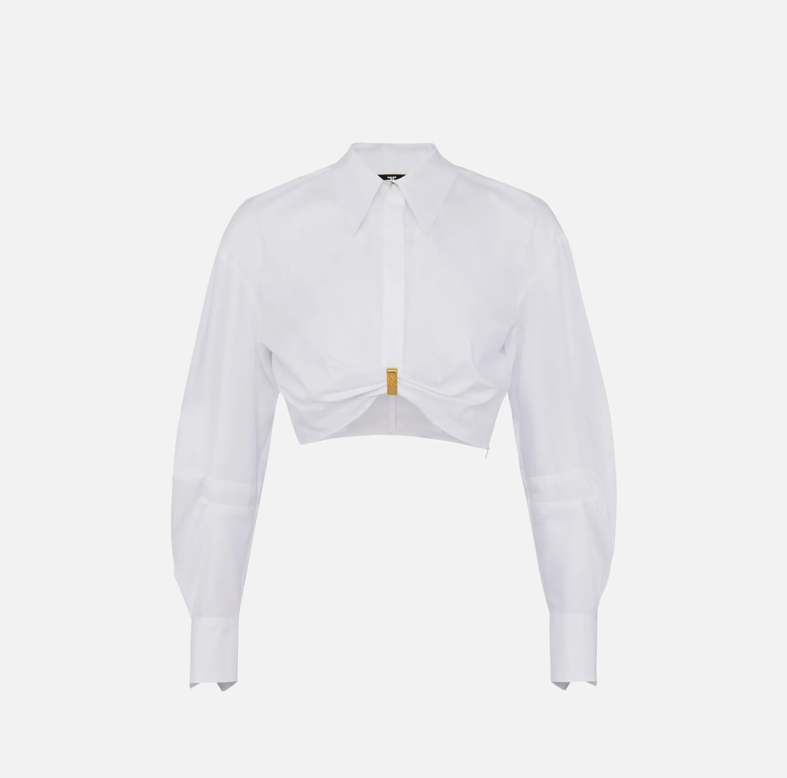 Camicie E Bluse|Elisabetta Franchi Camicia cropped in popeline con drappeggio e anella Bianco