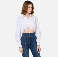 Camicie E Bluse|Elisabetta Franchi Camicia cropped in popeline con drappeggio e anella Bianco
