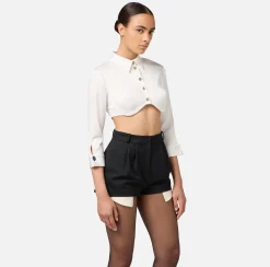Camicie E Bluse|Elisabetta Franchi Camicia cropped in raso con taglio coppe Bianco