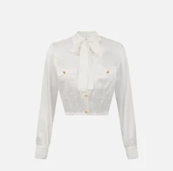 Camicie E Bluse|Elisabetta Franchi Camicia cropped in raso jacquard con foulard Avorio