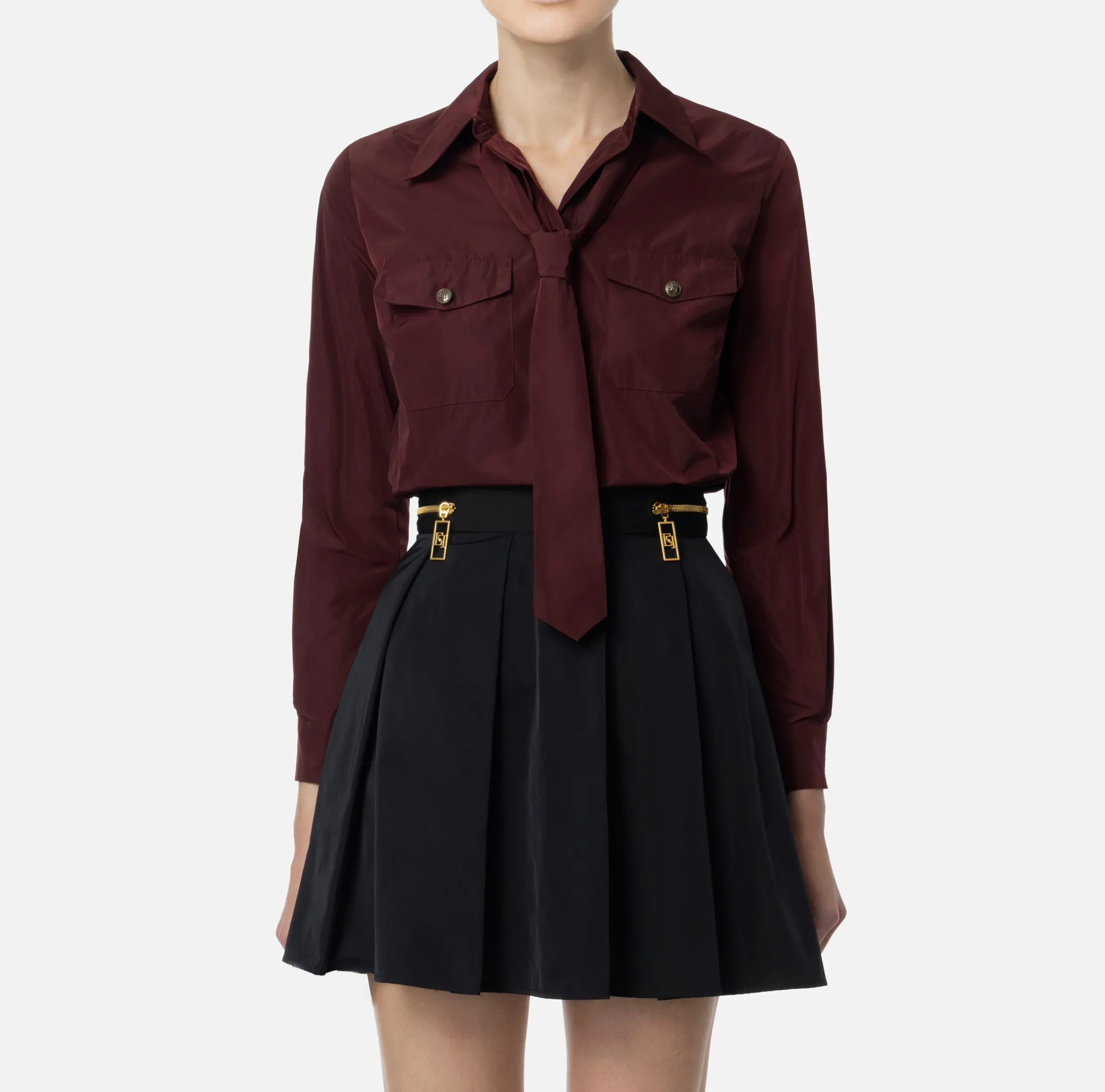 Camicie E Bluse|Elisabetta Franchi Camicia dritta in nylon tecnico con cravatta RougeNoir