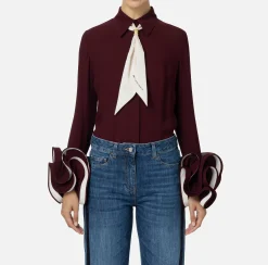 Camicie E Bluse|Elisabetta Franchi Camicia in georgette con ruches e foulard RougeNoir/Burro