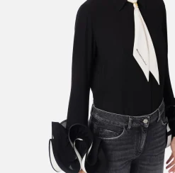 Camicie E Bluse|Elisabetta Franchi Camicia in georgette con ruches e foulard Nero/Burro