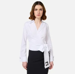 Camicie E Bluse|Elisabetta Franchi Camicia in popeline con fusciacca ricamata Bianco