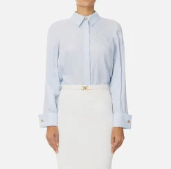 Camicie E Bluse|Elisabetta Franchi Camicia in popeline di cotone con arricciatura e stemma logo Skyblue