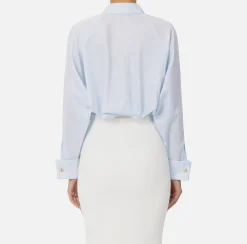 Camicie E Bluse|Elisabetta Franchi Camicia in popeline di cotone con arricciatura e stemma logo Skyblue