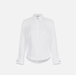 Camicie E Bluse|Elisabetta Franchi Camicia in popeline di cotone con arricciatura e stemma logo Bianco