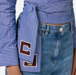 Camicie E Bluse|Elisabetta Franchi Camicia in popeline rigato con fusciacca ricamata Navy/Bianco