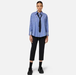 Camicie E Bluse|Elisabetta Franchi Camicia in popeline rigato con logo sui polsi Navy/Bianco