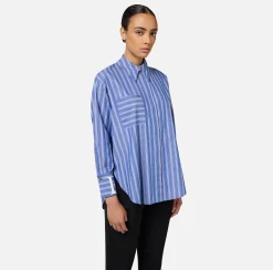 Camicie E Bluse|Elisabetta Franchi Camicia in popeline rigato con logo sui polsi Navy/Bianco