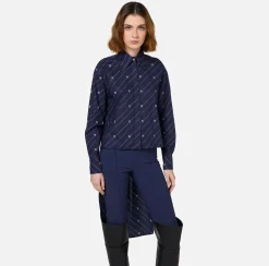Camicie E Bluse|Elisabetta Franchi Camicia in popeline stampato con fondo asimmetrico Navy/Crema