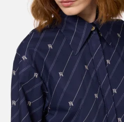 Camicie E Bluse|Elisabetta Franchi Camicia in popeline stampato con fondo asimmetrico Navy/Crema