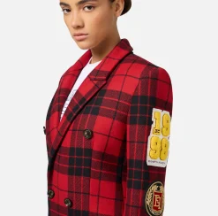 Capispalla|Elisabetta Franchi Cappotto doppiopetto in misto lana con patch RedPassion/Nero